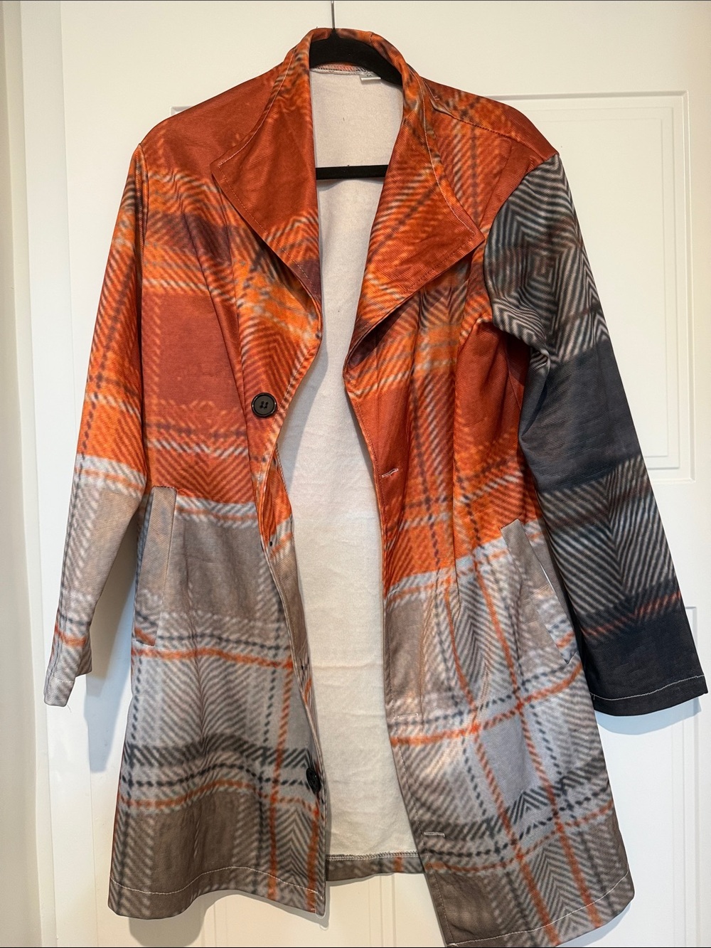 Orange Plaid Women's Light Trench Coat Jacket